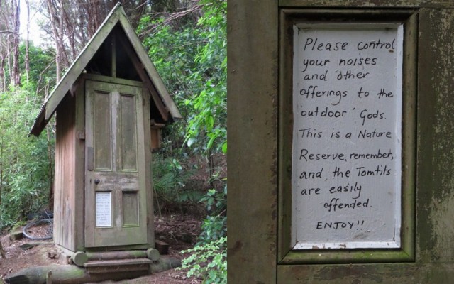Visitors to Hinewai's bush dunny are cheerfully requested to not interrupt the serenity